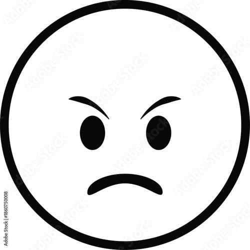 Minimalist Angry Face Expression Vector Icon, Grumpy Mood Emoticon with Furrowed Eyebrows, Mad Character Head Symbol for Emotional User Interface Design, Isolated Black and White Grinning Emoji.