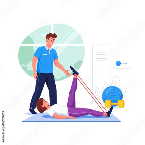 Physical therapist assisting woman with leg exercises using resistance band.
