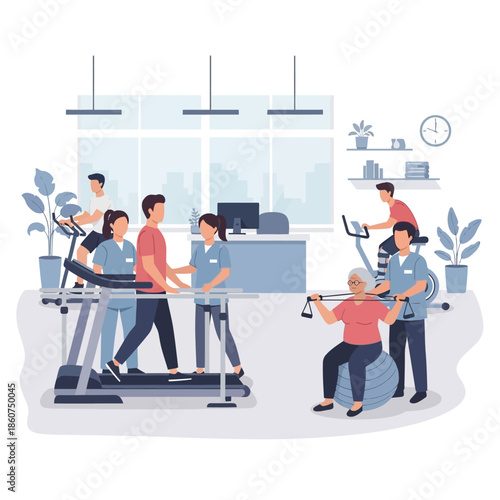 Physical therapy session with diverse patients and therapists.