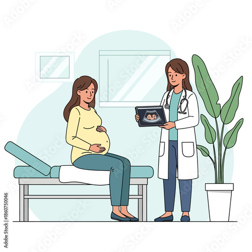 Pregnant woman receiving medical consultation from a female doctor.