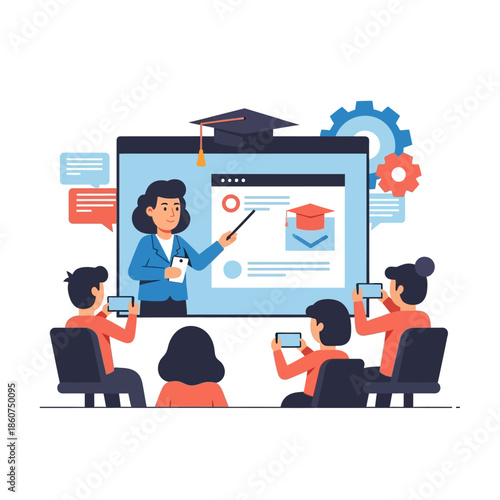 Teacher giving an online lecture to students using a large screen.