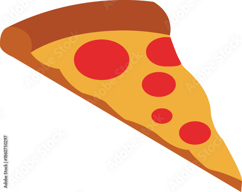 Delicious pepperoni pizza slice illustration with melted cheese and tomato sauce, flat vector design of a fast food favorite for restaurant menus, food delivery apps, and Italian cuisine branding.