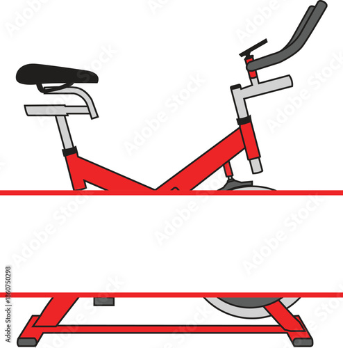 Red stationary exercise bike illustration with a blank white horizontal banner for custom text, fitness equipment vector for gym promotions, indoor cycling workouts, and health marketing content.