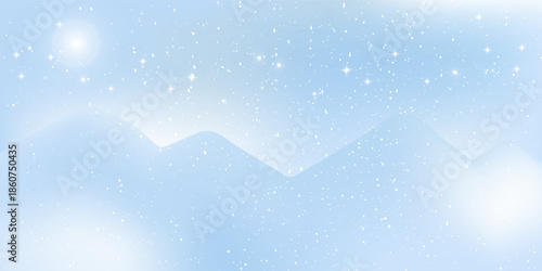 Light blue gradient background with shimmering falling snow and mountain silhouettes. Winter holiday season concept for Christmas card design.