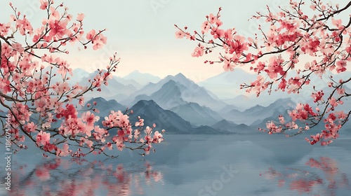 Wallpaper Mural Pink cherry blossoms over serene lake with misty mountains serene landscape floral Torontodigital.ca