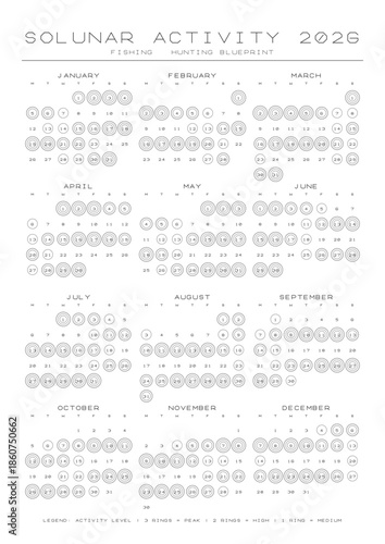 2026 Solunar Fishing & Hunting Calendar Best Days Activity Chart A4 Printable Blueprint Vector Almanac Moon Phase Planner Schematic Wall Decor