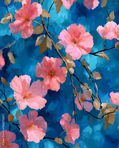 Wallpaper Mural Pink flowers on brown branches against blue background floral pattern abstract Torontodigital.ca