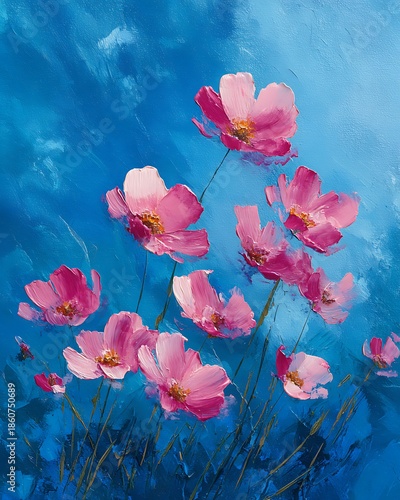 Wallpaper Mural Pink flowers on blue background with thick brushstrokes painting Torontodigital.ca