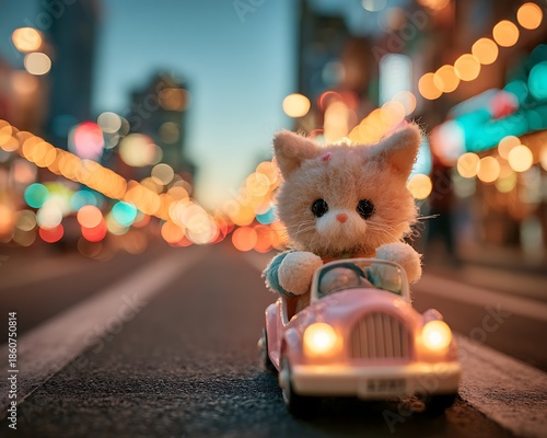 Wallpaper Mural Pink toy cat driving pink toy car on city street at dusk with colorful lights pink car Torontodigital.ca