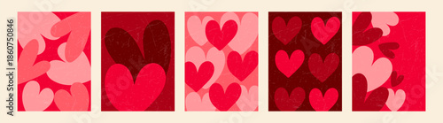 A set of five abstract posters featuring hearts in various shades of red and pink. A romantic and modern design for Valentine's Day or expressing love.