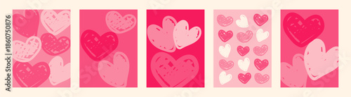 A set of pink and red backgrounds with hand-drawn hearts. Love and romance concept for Valentine's Day greeting cards, wedding invitations, or date banners.