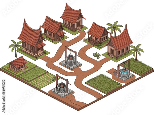 Southeast Asian Village Isometric Map with Traditional Stilt Houses, Water Wells, and Green Fields