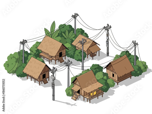 Isometric Traditional Stilt Houses with Thatched Roofs and Power Lines.