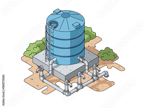 Isometric cartoon illustration of a blue water storage tank system with multiple taps and pipes