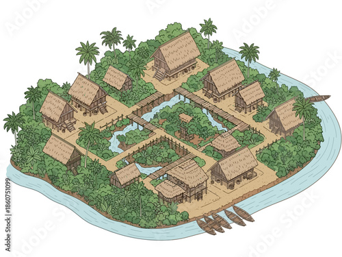 Isometric tropical island village illustration with traditional stilt houses, thatched roofs, river, bridges, and canoes