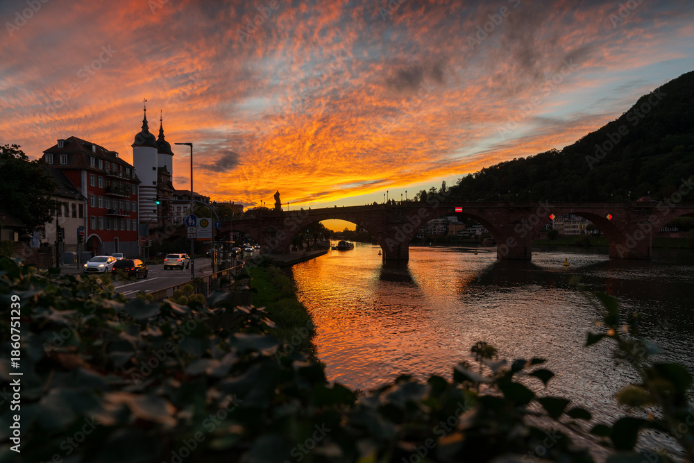 Fototapeta premium Karl Theodor Bridge and Castle in Heidelberg at Night. The Karl Theodor Bridge reflected in the Neckar River. Heidelberg, Germany. 