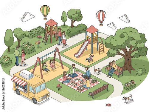 Isometric Park Scene with People Enjoying Leisure Activities and Food Truck