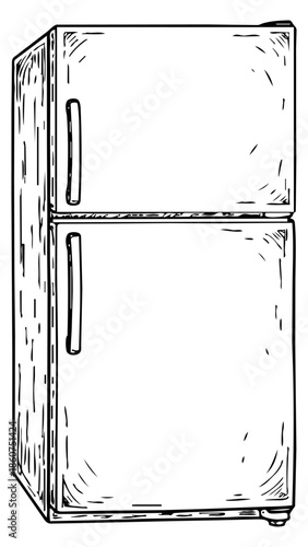 Hand drawn line art illustration of a refrigerator depicting food preservation for kitchen appliance concepts