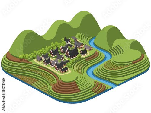 Traditional village houses with distinctive roofs amidst terraced rice fields, mountains, and river