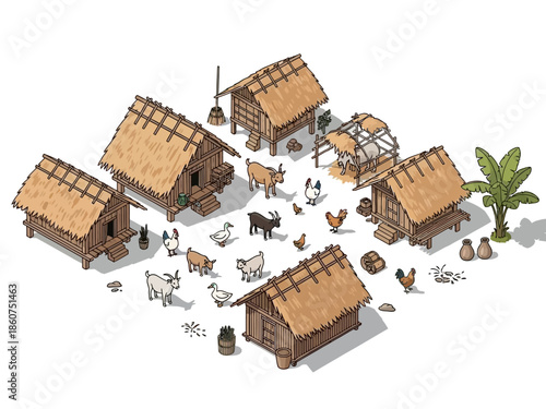 Isometric Cartoon Rural Village with Thatched Huts and Farm Animals