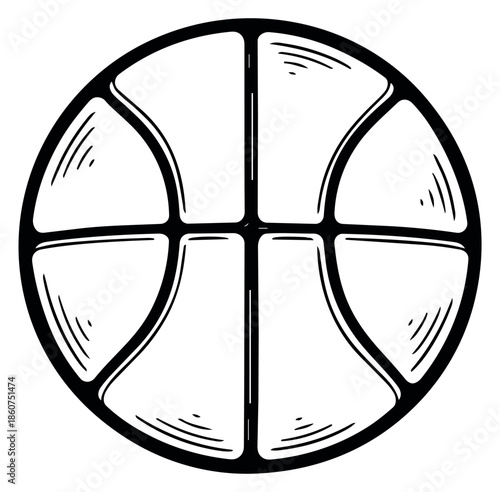 Hand drawn line art illustration of a basketball depicting sports equipment for team sports