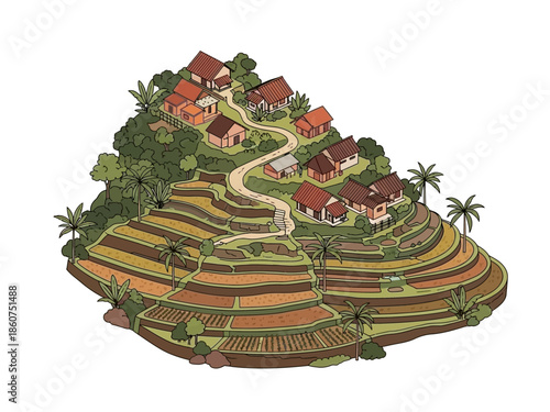 Isometric cartoon village with terraced fields, houses, and winding path