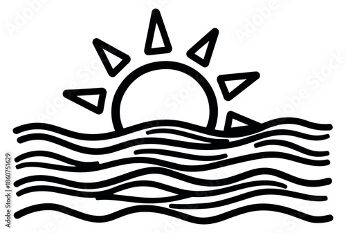 Hand drawn line art illustration of sun and waves depicting a sunrise or sunset for a weather icon