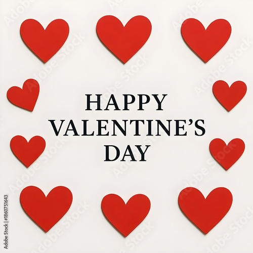 Happy Valentine's Day Message Framed by Multiple Red Paper Cut Hearts Arranged in a Circle on White Background