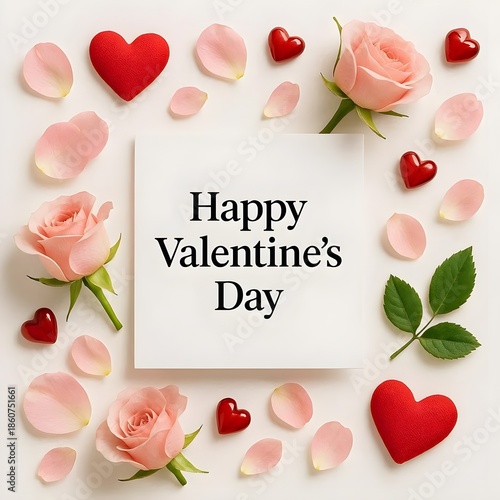 Flat Lay Composition for Valentine's Day with Pink Roses, Red Hearts, Rose Petals and Square Card with Text