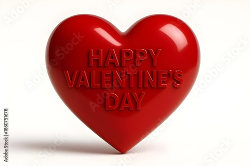 Glossy 3D Red Heart with Embossed Happy Valentine's Day Text Isolated on White Background