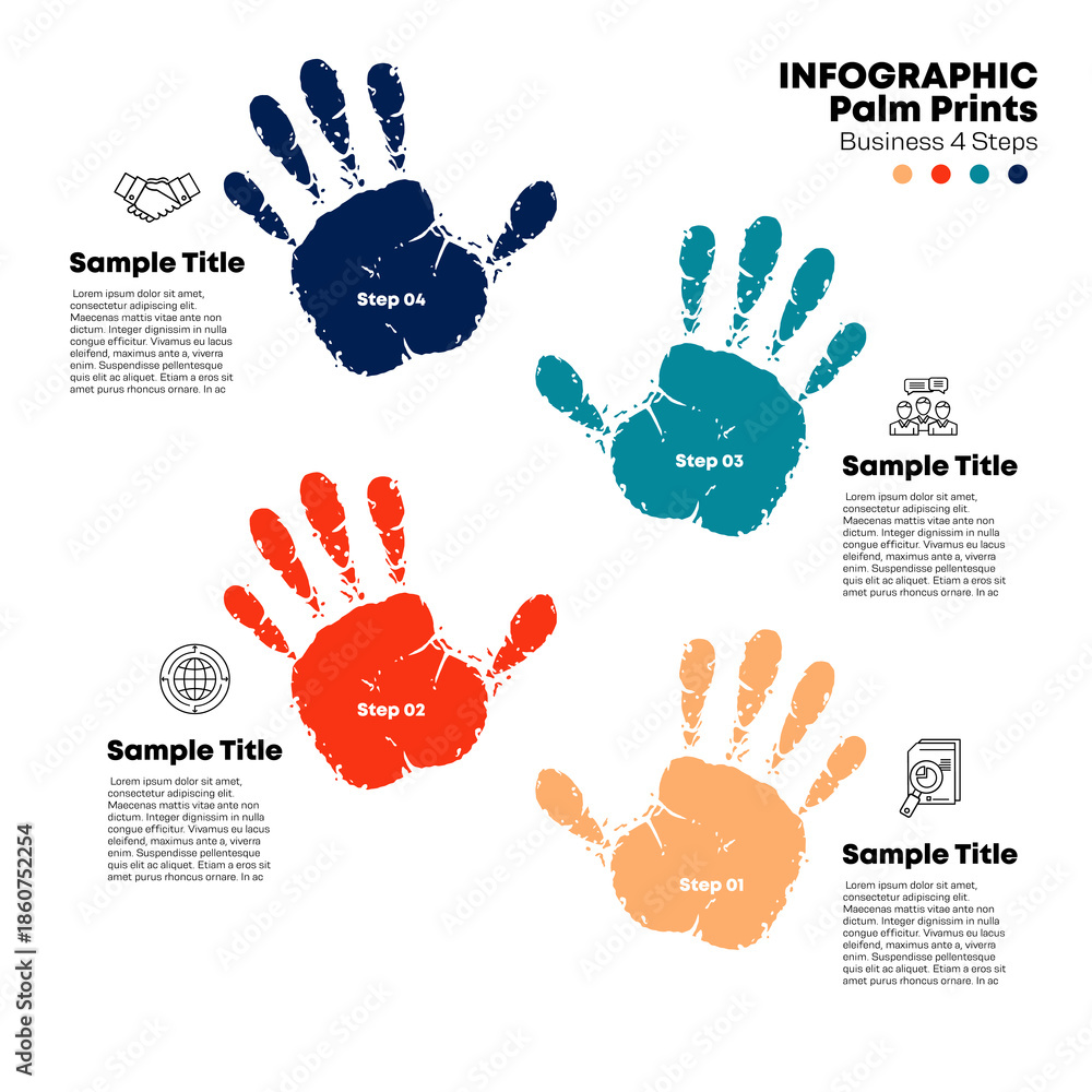 Fototapeta premium Vector infographic with palm print shape, 4-part presentation template. 4-step infographic, editable vector.