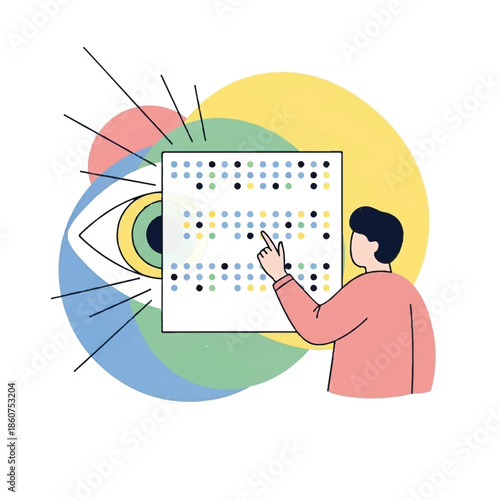 A person analyzing a colorful data visualization chart with various statistics and information displayed
