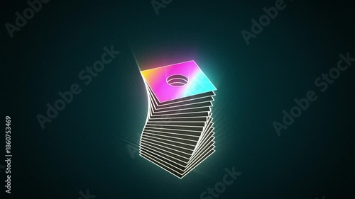 looping hypnotic, psychedelic, optical illusion motion graphic of bouncing steel ball hitting glowing layered colorful thin square rainbow glass plate