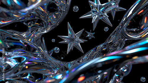 Abstract futuristic 3D art displays floating chrome and iridescent star-shaped objects, sharp crystalline spikes, and smooth twisted tubes in a black void, emphasizing highly reflective surfaces with 