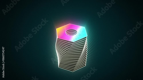 looping hypnotic, psychedelic, optical illusion motion graphic of bouncing steel ball hitting glowing layered colorful thin hexagon rainbow glass plate