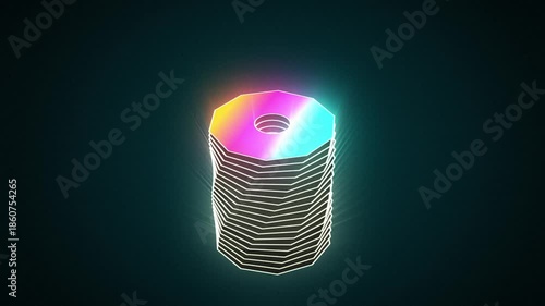 looping hypnotic, psychedelic, optical illusion motion graphic of bouncing steel ball hitting glowing layered colorful thin octagon rainbow glass plate