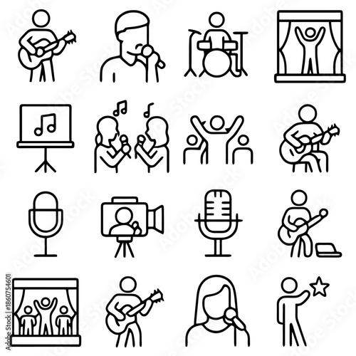 Musical Performance Icons: A collection of icons captures the essence of live music and performance, with instruments, singers, and stage presence.