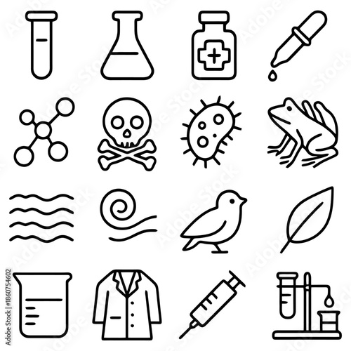 Science Icons: A collection of simple, clear line art icons representing essential scientific tools and elements, perfect for illustrating concepts in laboratory, research, or educational contexts.