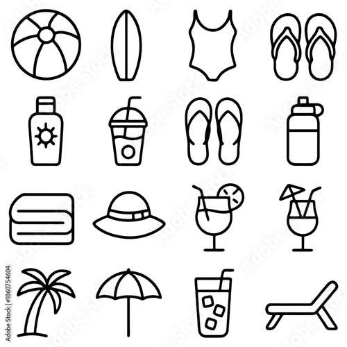 Summer Essentials Icon Set: A collection of beach-themed icons, capturing the spirit of sun-soaked relaxation with a set of minimalist and illustrative style.
