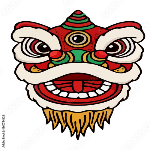 A vibrant and colorful illustration of a traditional Chinese lion dance head, symbolizing good luck and prosperity during celebrations