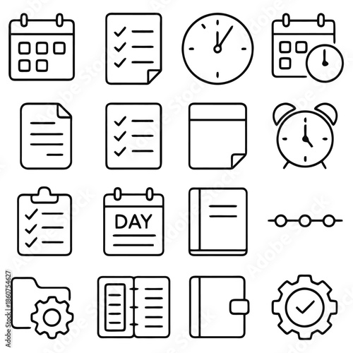 Time Management Essentials: An organized collection of line art icons representing essential tools for effective scheduling, planning, and task management.