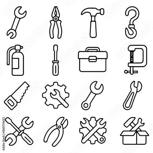 Tool Icons for Construction and Maintenance: A set of meticulously crafted vector icons representing essential tools for construction, repair, and maintenance tasks. Perfect for digital interfaces.