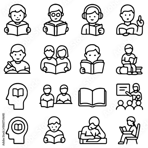 Knowledge Icons: A collection of meticulously crafted outline icons showcasing various depictions of knowledge acquisition, learning, and study.