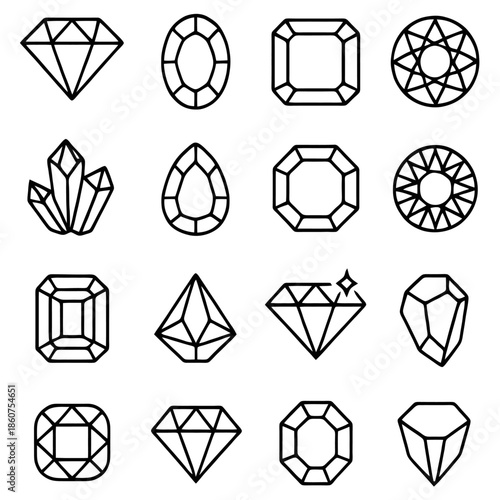 Gemstone Variety: A sophisticated illustration showcasing a diverse array of precisely drawn gemstone cuts. Each design exudes elegance. 