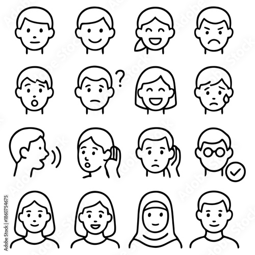Emotions & Expressions: A comprehensive visual guide presenting a variety of human expressions through clear line art, ideal for illustrating a wide range of emotions and concepts.