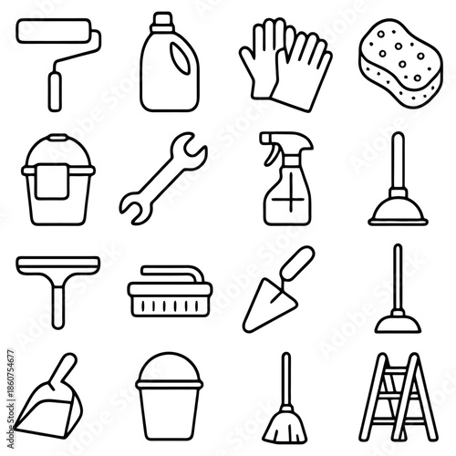 Cleaning Tools Collection: An array of essential cleaning tools arranged for your cleaning needs and repairs. this image conveys order, preparation, and the functionality of tools. 