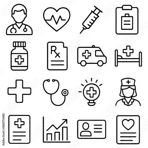 Health Icons: A comprehensive set of modern line art icons representing essential healthcare elements, reflecting the essence of medicine.