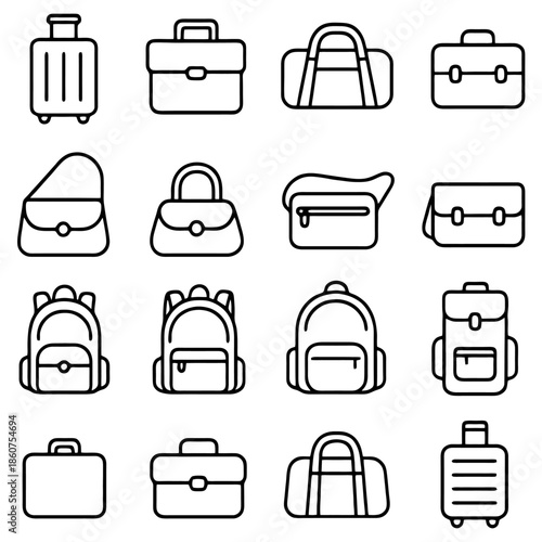 Various Luggage and Bag Collection: A detailed illustration showcasing a diverse selection of luggage and bag designs, ranging from wheeled suitcases to elegant handbags.