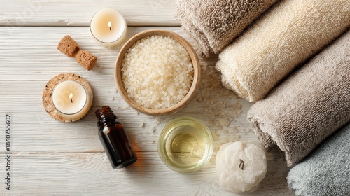 Beautiful spa treatment composition such as Towels, candles, essential oils, Massage Stones on light wooden background. blur living room, natural creams and moisturizing Healthy lifestyle, body care