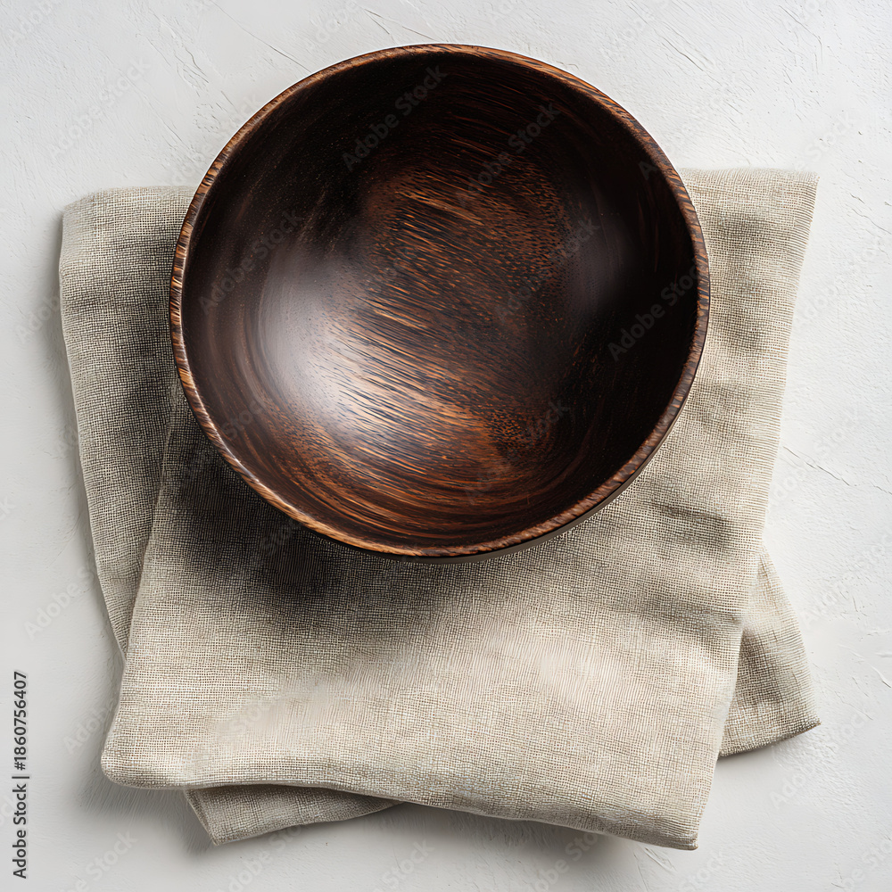 Obraz premium Handcrafted Dark Palm Wood Bowl on Natural Linen Napkin Minimalist Kitchen Still Life Top View Photography